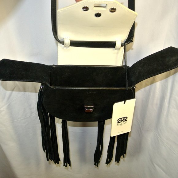 SALAR MILANO MIMI STAR FRINGE BAG, BLACK SUEDE WHITE CALFSKIN Rare COLOR COMBO - Picture 3 of 14
